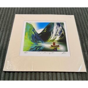 Viking II Art Print Matted‎ Norwegian Landscape Viking Ship Waterfall Nordic